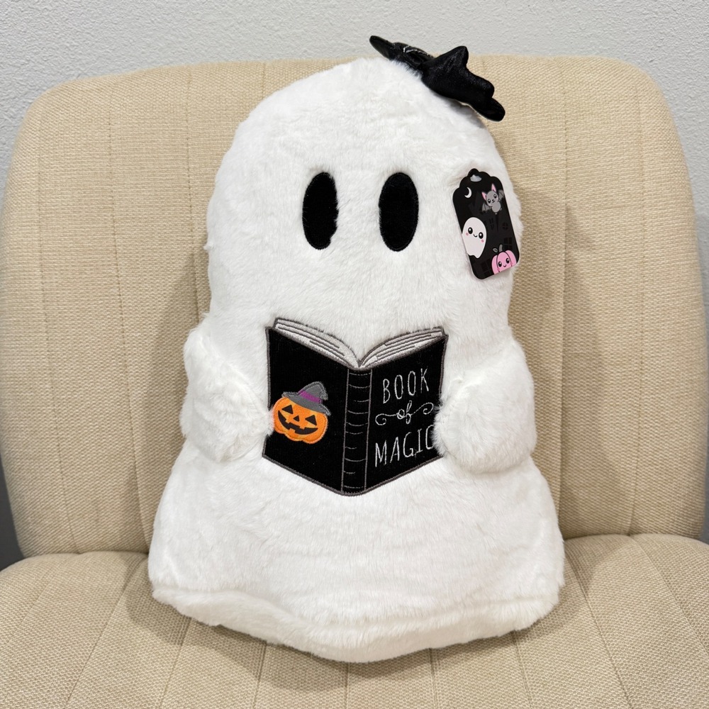 NEW Ghost Reading Book Fur Plush Pillow Halloween Book of Magic Bat Bow Decor